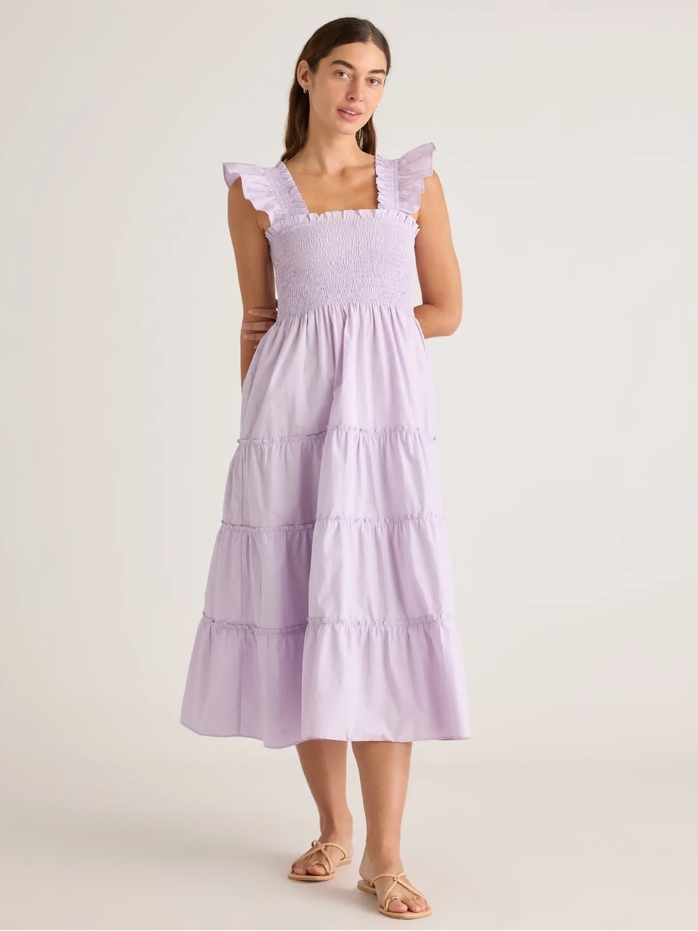 Quince 100% Organic Cotton Poplin Smocked Midi Dress with Ruffle Straps in Lilac